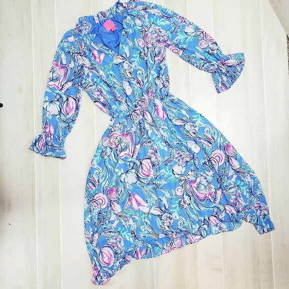 Lilly Pulitzer Dress XS Alyanna Midi Blue Floral S-small 3/4 Long